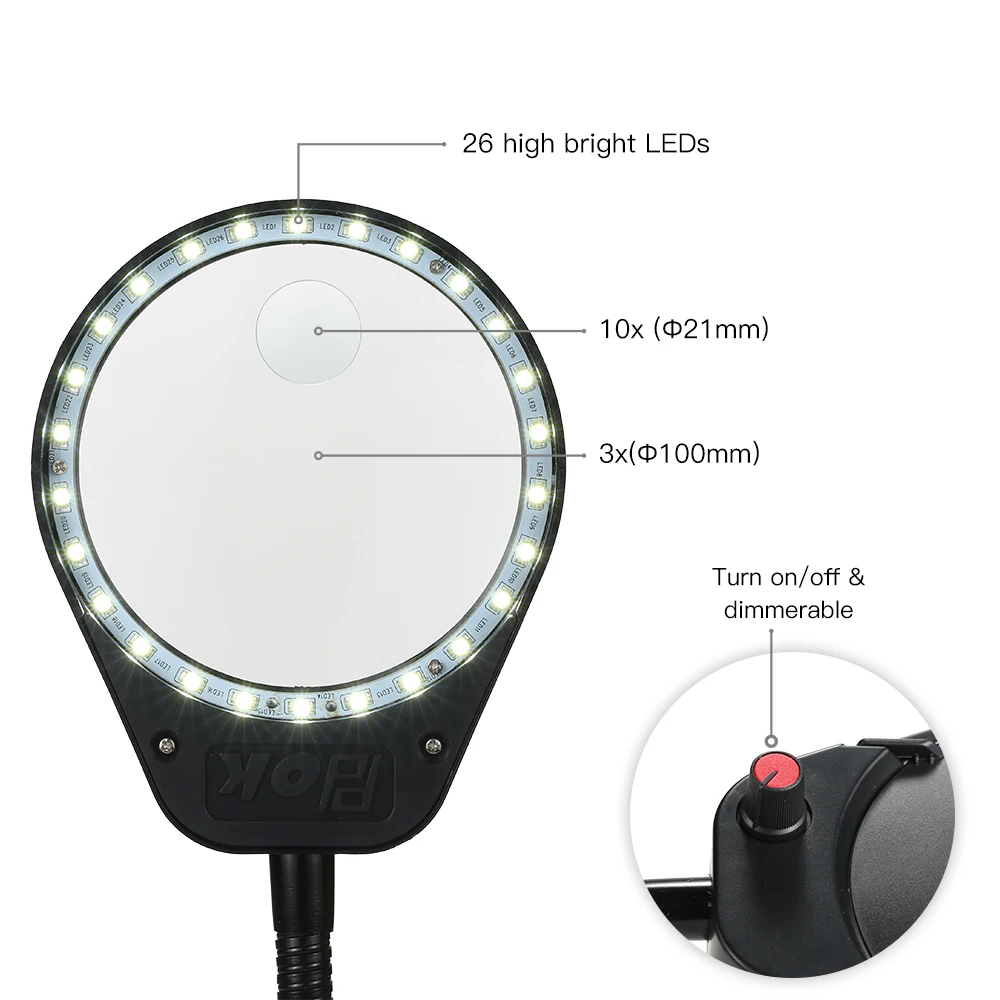 Đa chức năng Ống Kính Kép 3X và 10X Kính Lúp Kẹp Kính Lúp Đèn LED Với Adjustalble Đèn Đọc Sách- đen