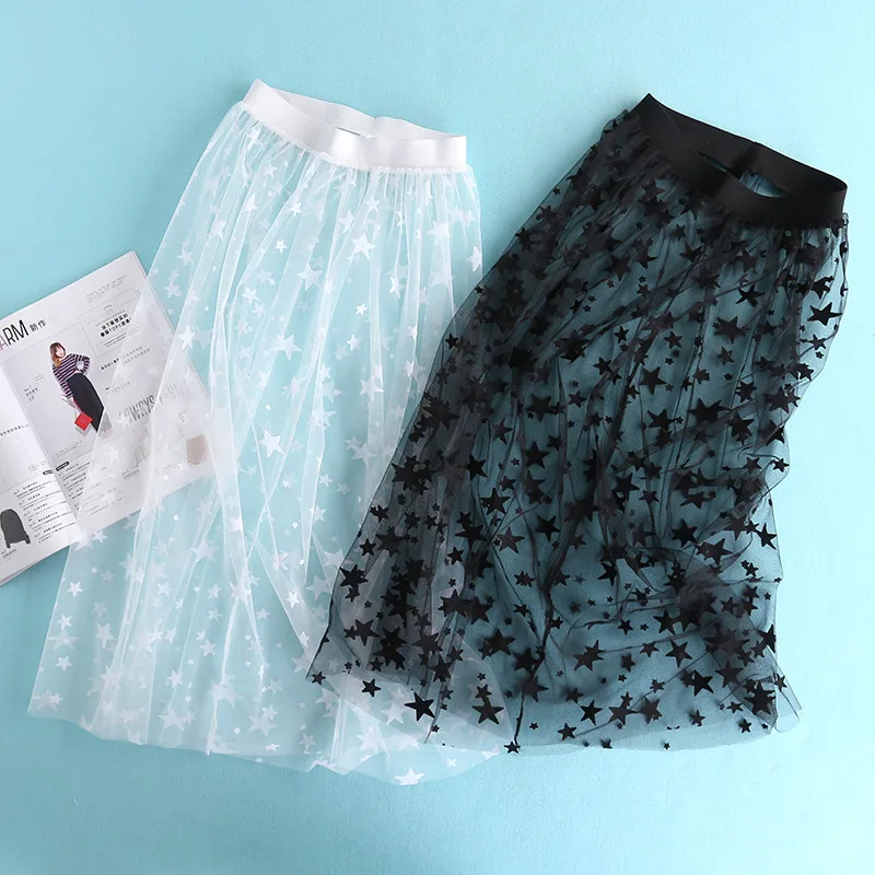 

Korean Women Spring Summer Stars Mesh Long Skirt Casual Sexy Elastic High Waist Transparent Tulle Lace A-Line Black Skirts 69