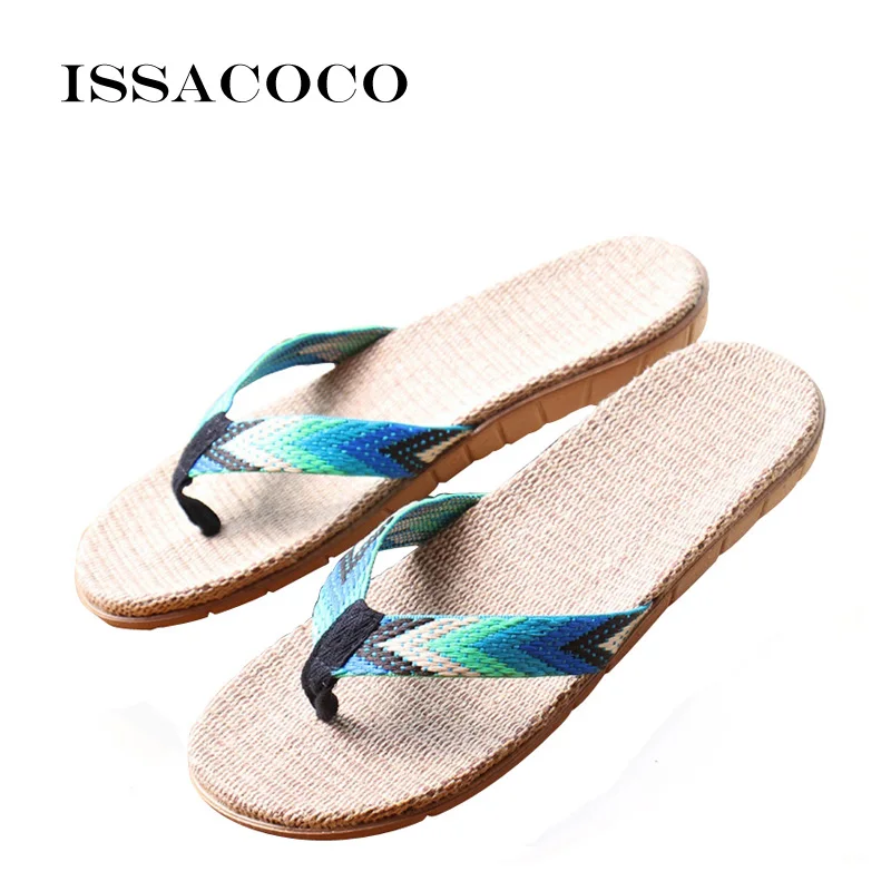 ISSACOCO Men\'s Linen Flip Flops Striped Ribbon Sandals Flat EVA Non-Slip Linen Slides Home Slippers Man Casual Straw Beach Shoes