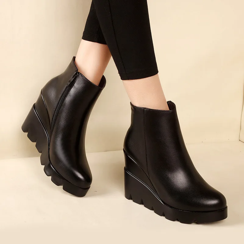 2024 autumn winter soft leather platform high heels girl wedges ankle boots shoes for woman fashion boots women Size 34-40