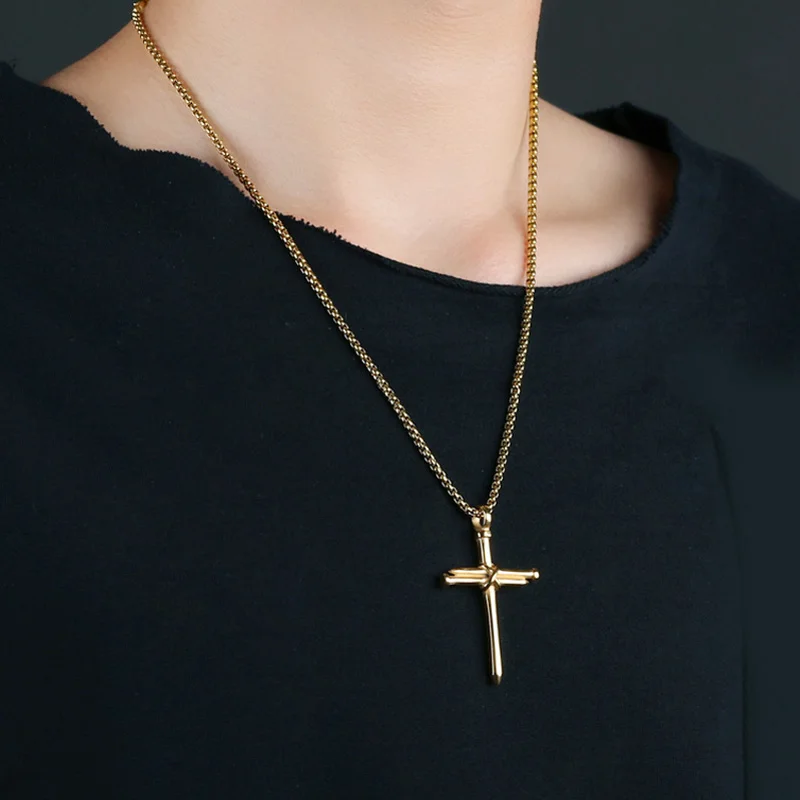 Men\'s Womens Antique Stainless Steel Nail Charm Cross Necklace Pendant Polished Gold Black Color