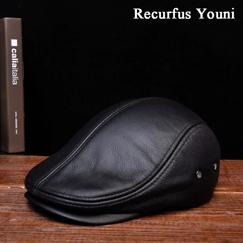 RY101 Men Genuine Leather Casual Warm Black/Brown Fitted Berets Hats Middle/Old Aged Boinas Para Hombres Forward Cap For Male