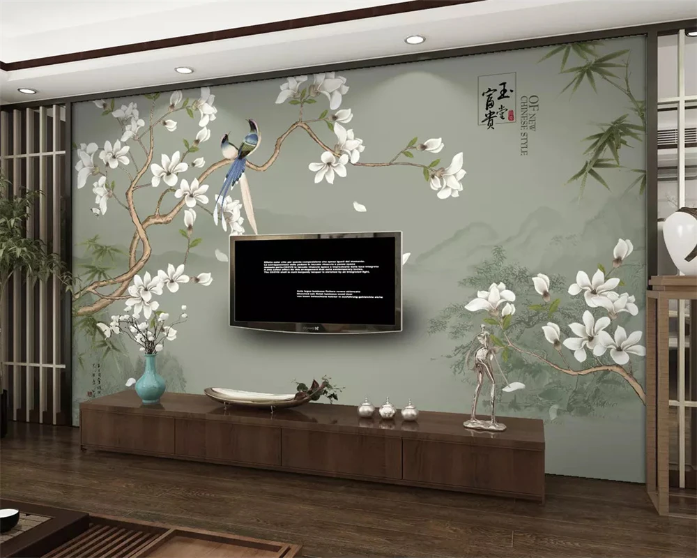 beibehang Custom papel de parede 3d wallpaper new Chinese style hand-painted magnolia bird ink landscape bamboo TV background