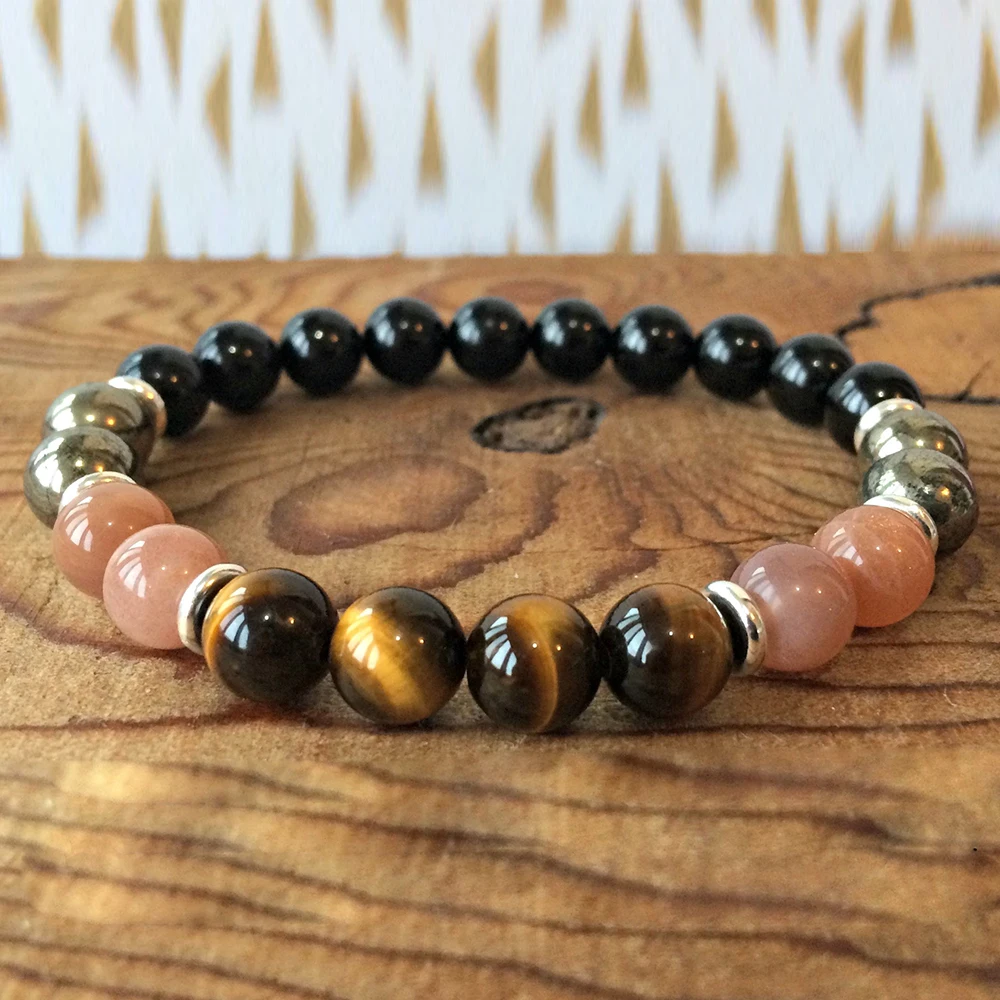 

MG0459 Throat Chakra 8 mm Black Tourmaline Bracelet Designer Tiger Eye Sun Stone Bracelet Top Grand Pyrite Energy Bracelet