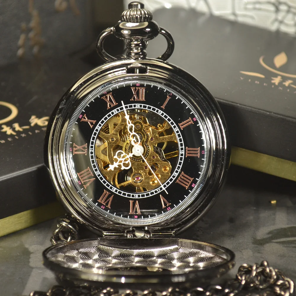 Luxury Skeleton Black Retro Antique Skeleton Mechanical Pocket Watch Men Chain Necklace Business Casual Pocket & Fob Watches