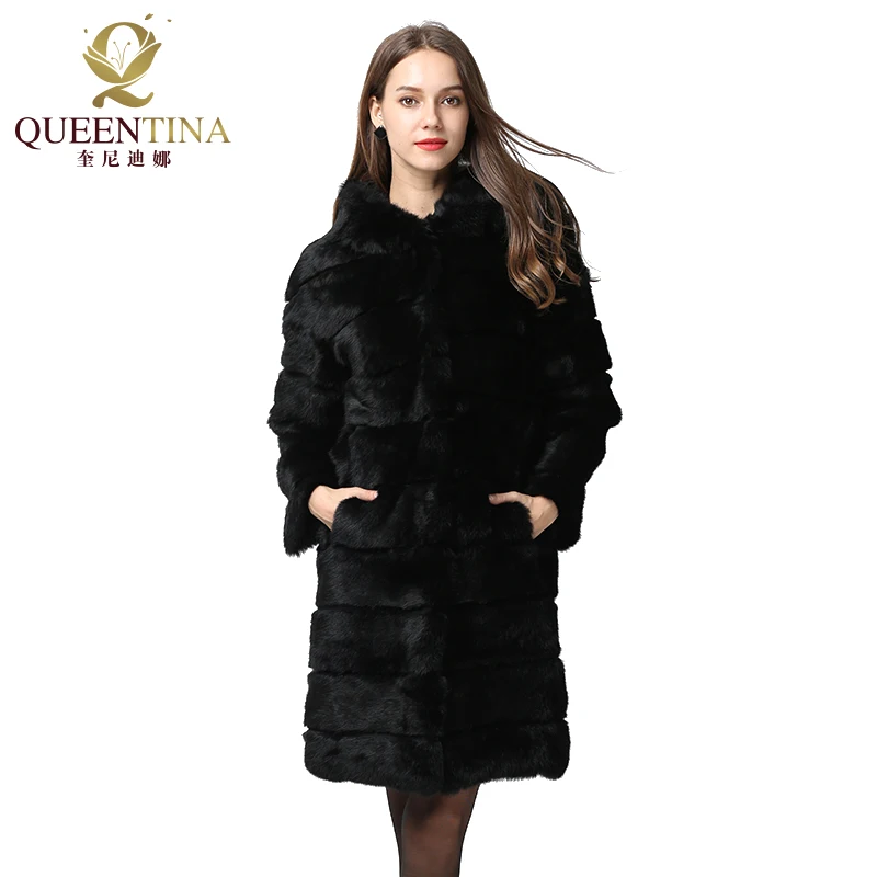 QUEENTINA New Winter Real Rabbit Fur Jacket Black Thick Warm Soft Women Christmas Outwear Full Pelt Natural Fur Coats