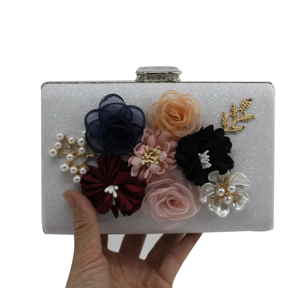 Bolso de mano para mujer, morral duro de dos Minaudiere Floral brillante de la flor de la pu con el bolso del taladro perlas de la noche del boda especial, novedad de 2018