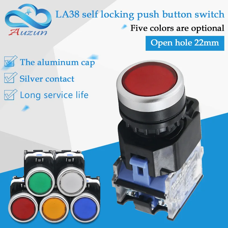 

WZAUDQ пластиковые кнопки самоблокирующиеся переключатель LA38-11Z отверстие 22 мм кнопка пуска, красный, зеленый, желтый и синий