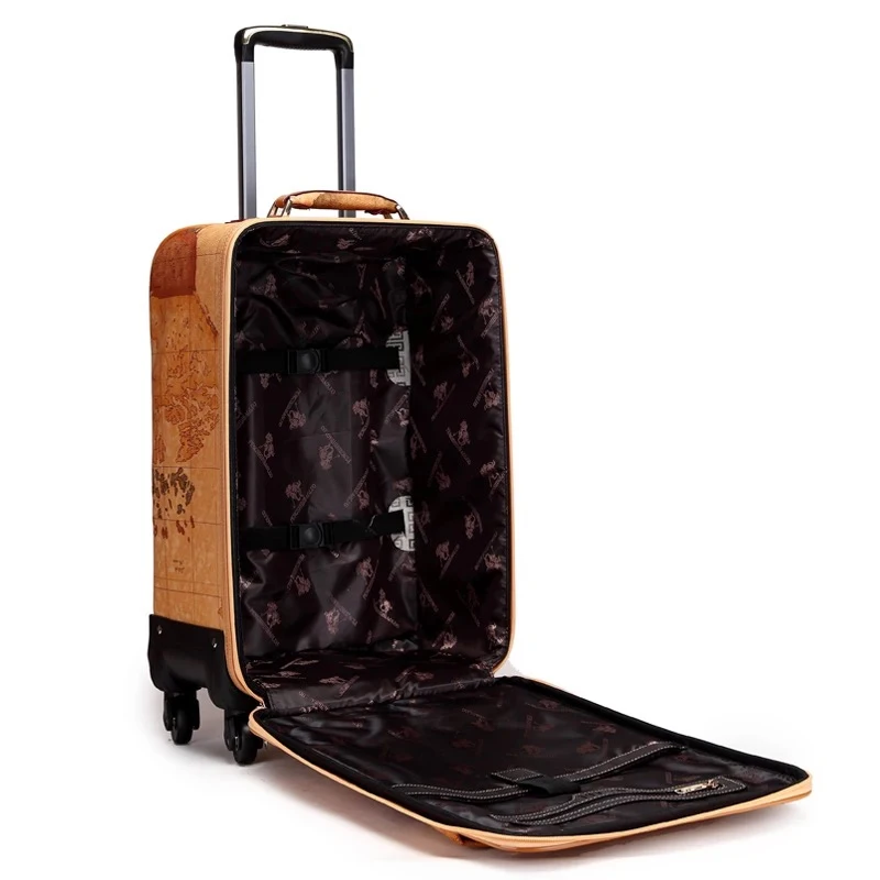 Vintage map 16/18/20/22/24 inch 100% PU Rolling Luggage Spinner brand Travel Suitcase with padlock Men trolley luggage