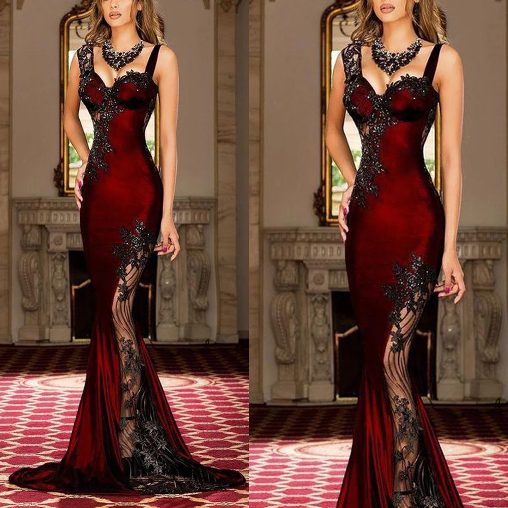 Merah Marun Prom Dresses 2019 Sayang Leher Beaded Renda Appliques Putri Duyung Gaun Malam Gaun Arab