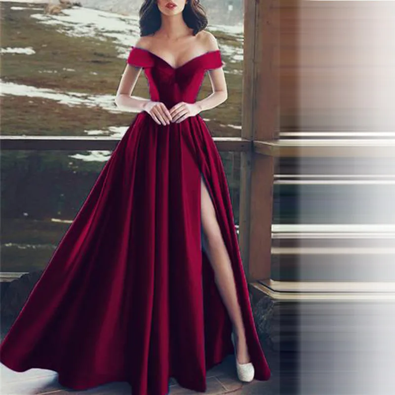 New Evening Dresses Satin Boat Neck Long Party Side Split Robe De Soiree Sexy Formal Dresses