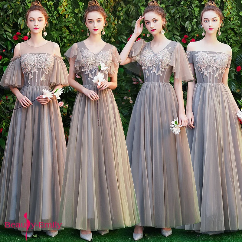 

Beauty Emily 4 Styles Grey Elegant Bridesmaid Dresses Long Lace Appliques Chiffon Party Dress For Wedding Pleated Embroidery