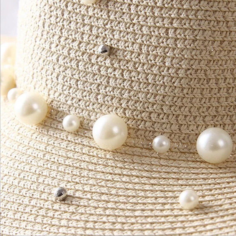 New Spring Summer Hats For Women Flower Beads Wide Brimmed Jazz Panama Hat Sun Visor Beach Hat Flower Pearl rivet Straw Hat