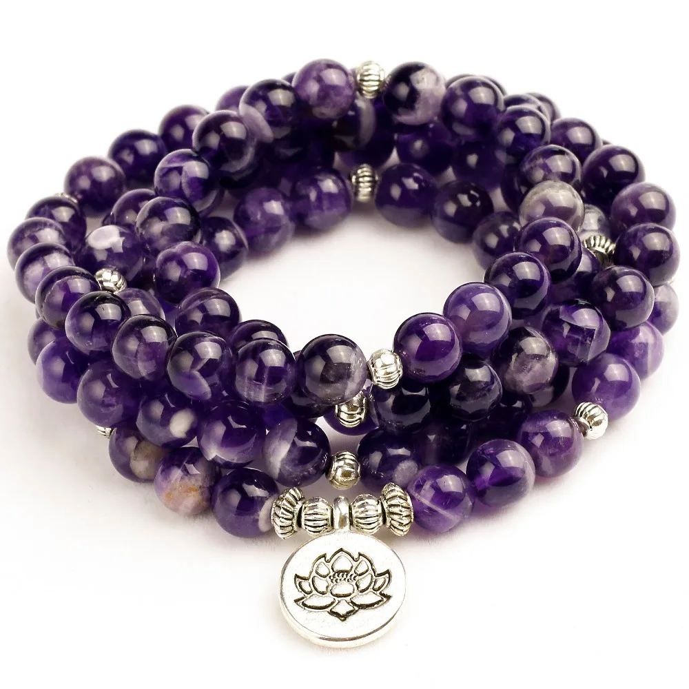 Woman Mala Unisex Bracelets For Women Natural Purple Quartzs Energy Yoga Mala Lotus 108 Beads Buddha Bracelet Stone Jewelry