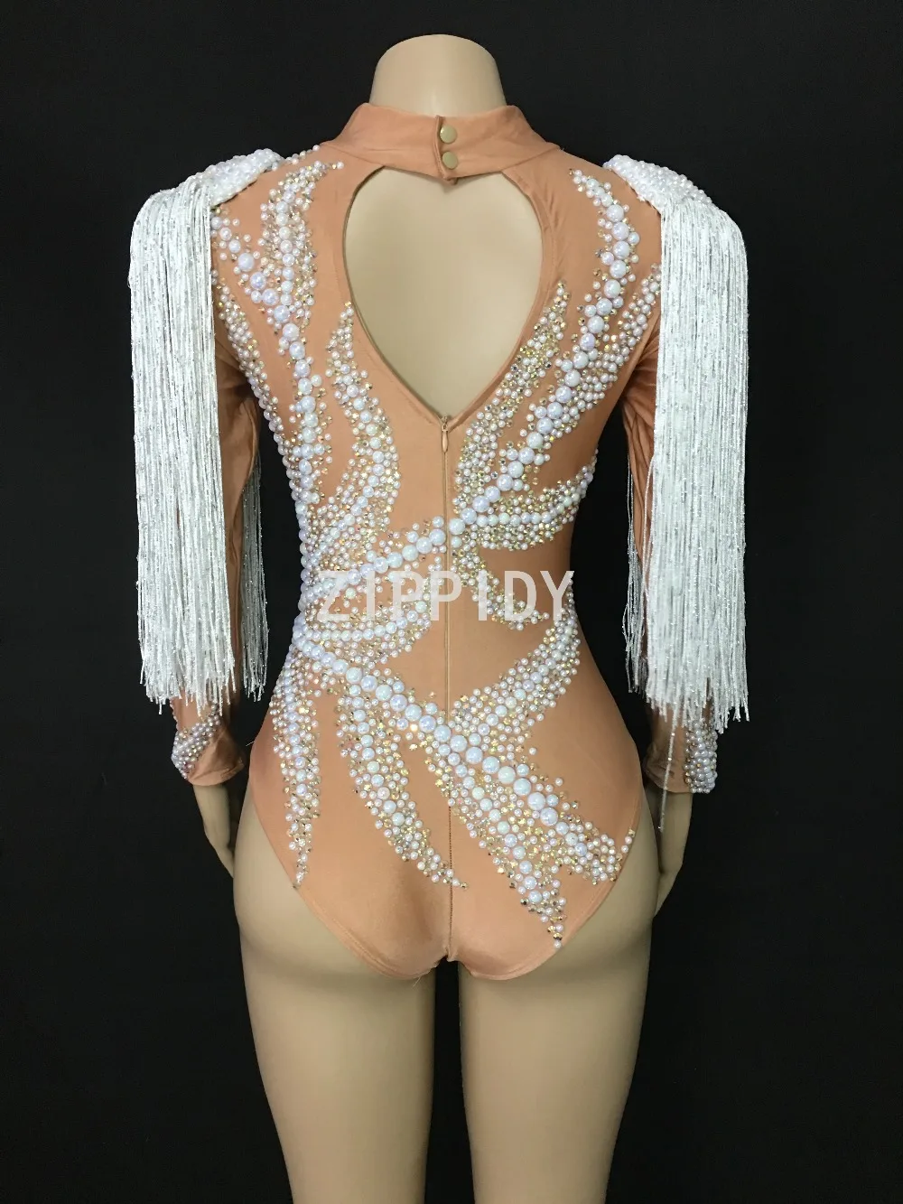 Bling Rhinestones Pearls White Tassel Spandex Bodysuit Female Singer Dancer Costume Nightclub Women\'s Party Show Bodysuit