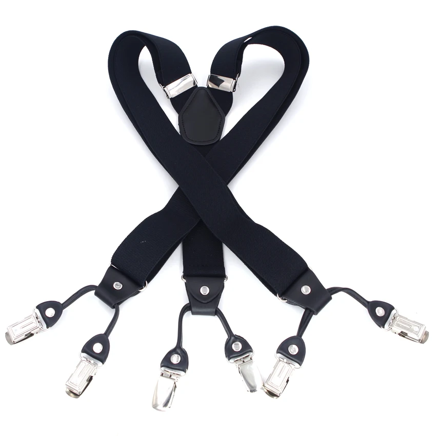 Suspender Mode Kulit Hitam 6 Klip Kawat Gigi Pria Antik Kasual Celana Tali Suspender Ayah/Suami Hadiah 3.5*120Cm