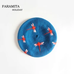 Faramita Holiday Brand Design Hand-made Winter Women Girls Berets Wool Felt Manual Dragonfly Cute Beret Hats Blue Caps Round