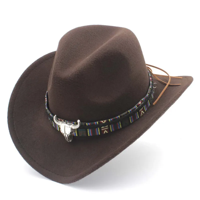 Retro Unisex Womem Men Female Male's Felt Warm  Western Cowboy Hat Wide Brim Cowgirl Cow Head Leather Band (54/57/61cm)