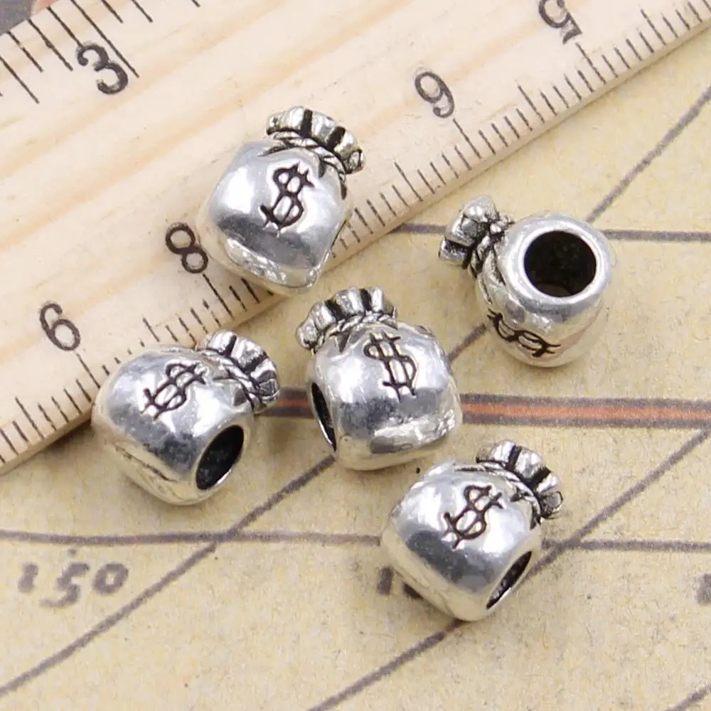 10pcs Beads Purse Money 4.5mm Big Hole Vintage Charms European Pendant Fit For Bracelet DIY Antique Silver Color Fit Making