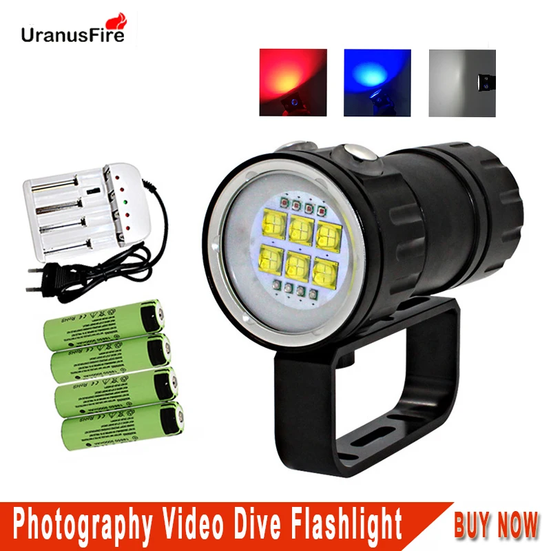 

Uranusfire Powerful LED Diving Flashlight 18650 XPE 9090 20000lm Light Torch Waterproof Photography Video Dive scuba lamp