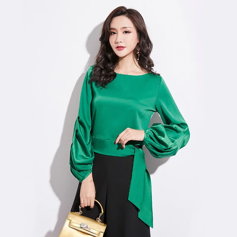 Satin Chắc Chắn Thời Trang Hàn Quốc Nữ Quần Áo 2019 Bóng Cột Dây Nữ Áo Mặc Công Sở Dễ Thương Nữ Áo Và Áo DD2119