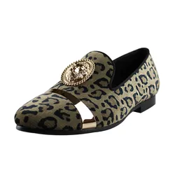 Harpelunde Men Leopard Prints Formal Dress Shoes Lion Emblem Velvet Loafer Gold Plate Flats