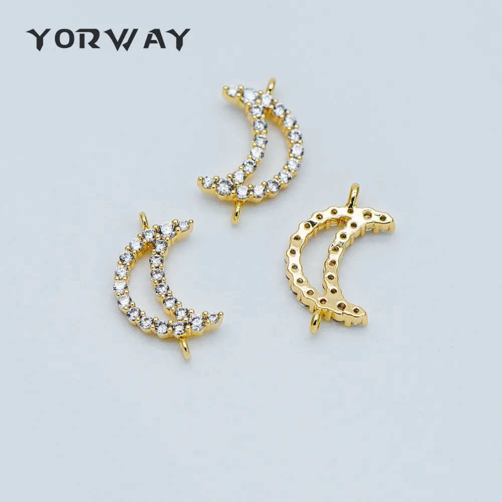 

4pcs/Lot CZ Paved Gold Moon Connectors 14x8mm, Real Gold Plated Brass, Half Moon Ring Charm Pendants (GB-377)