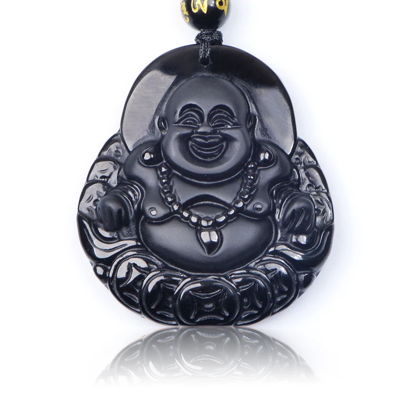 Genuine Natural Obsidian Laughing Money Buddha Pendant Necklace Beads Patron Saint Amulet Mascot lucky Pendant for Men Jewellery