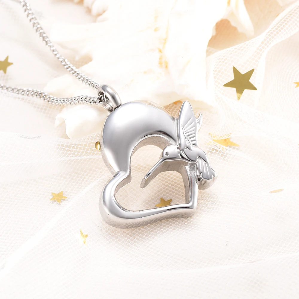 Flying Bird Heart Memorial Jewelry Ashes Keepsake Pendant for Human Ash Holder Stainless Steel Cremation Urn Necklace