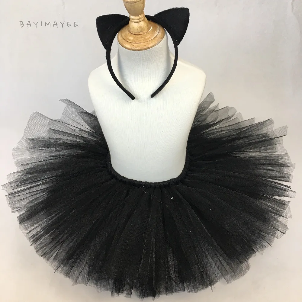 Girls Black Cat Tutu Skirt Baby Handmade Fluffy Tulle Ballet Pettiskirts with Hairbow Set Kids Party Skirt Costume Cosplay Cloth