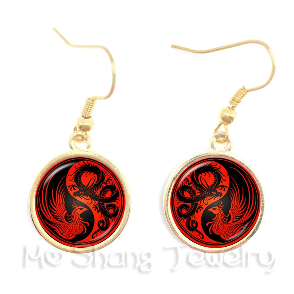 Chinese Dragon And Phoenix Yin Yang Glass Earrings  Symbol Jewelry Pendant Natural Rustic Boho Style Symbolizing Harmony