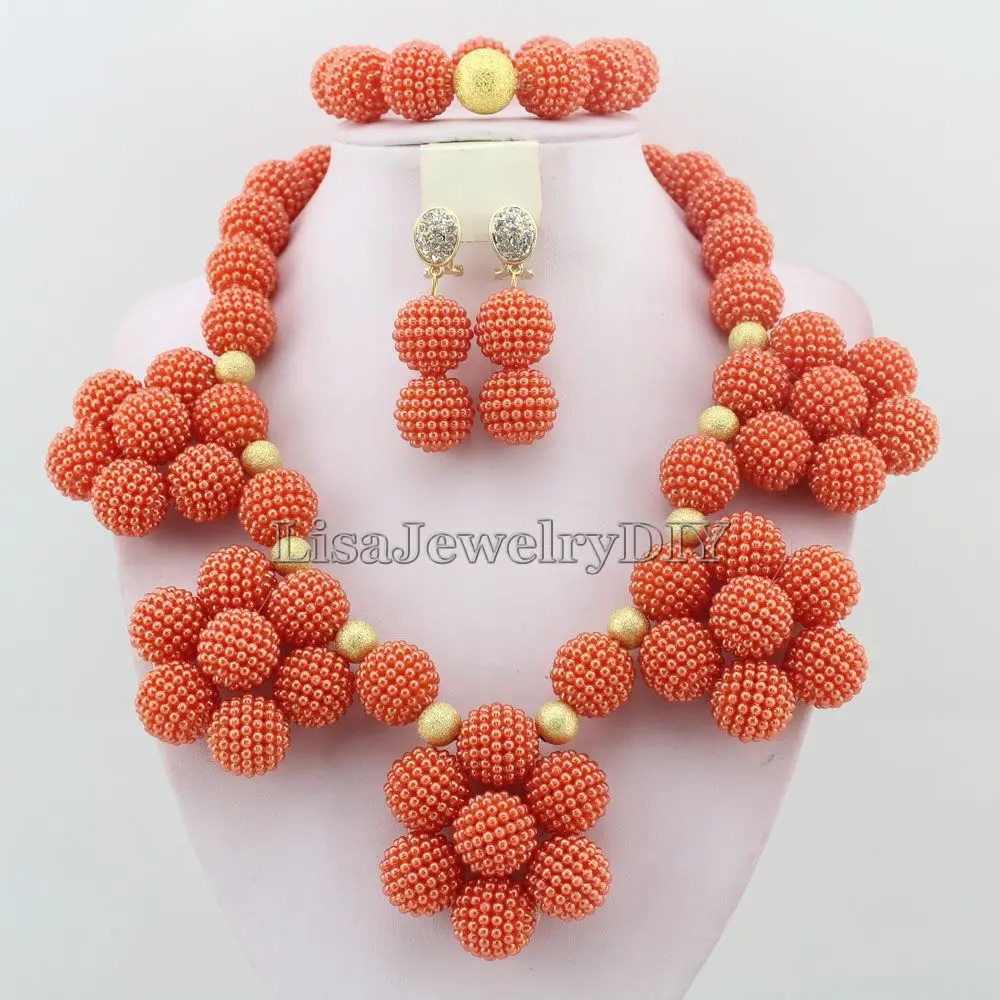 

Orange Nigerian Wedding Bridal Beads Necklace Earrings Jewelry Sets African Beads Jewelry Sets HD4611
