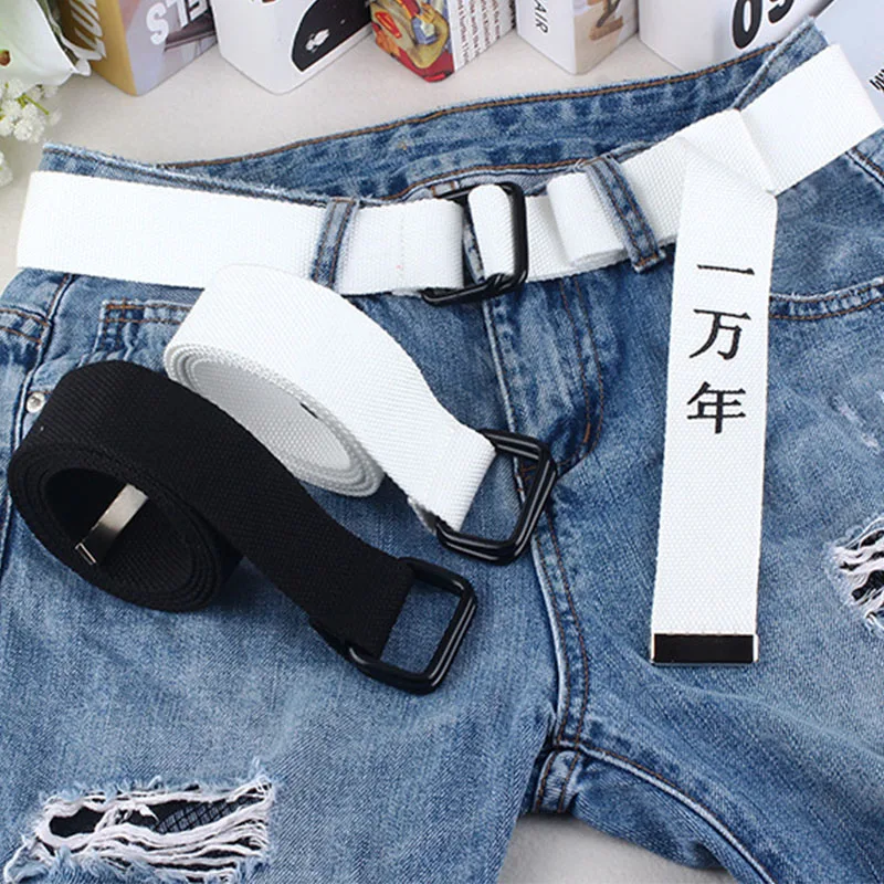 Black White Canvas Belt For Men Women Jeans Chinese Characters Personality Double Ring Buckle Belt Casual white Waistband Z3