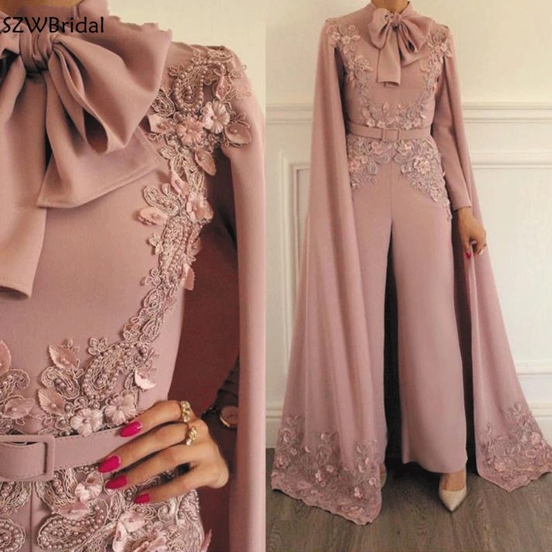 

New Arrival Jumpsuit Rompers for Women Dusty Pink Beaded Lace Applique Evening Pants Dubai Arabic Evening Dresses 2024