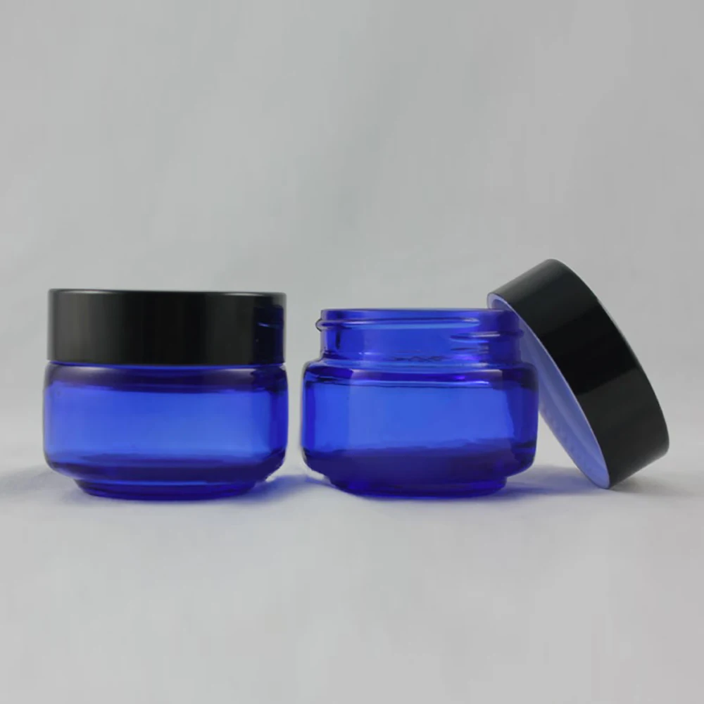 30pcs 20g light blue glass cream jar with black lid, 20 g glass empty cosmetic jar packing for eye cream,20g mini glass bottle