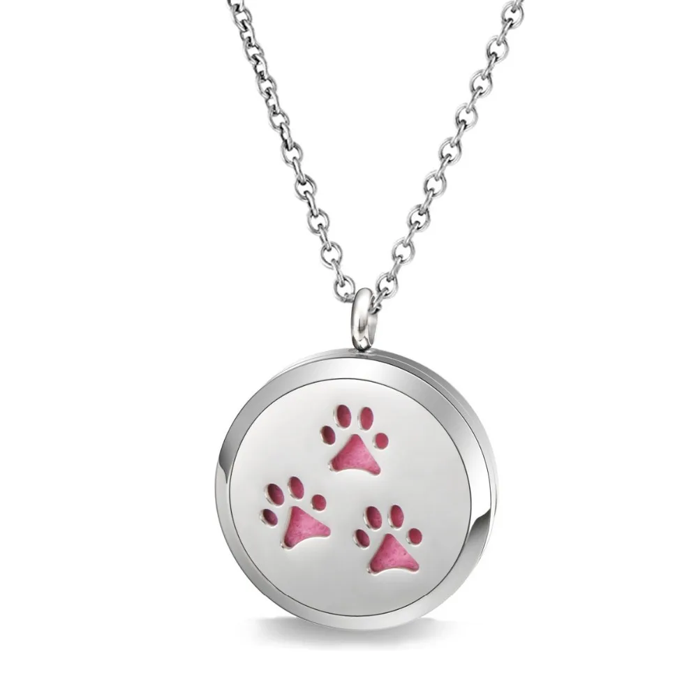 

30mm Paw design aromatherapy necklace diffuser pendant with 8 color pads and chain