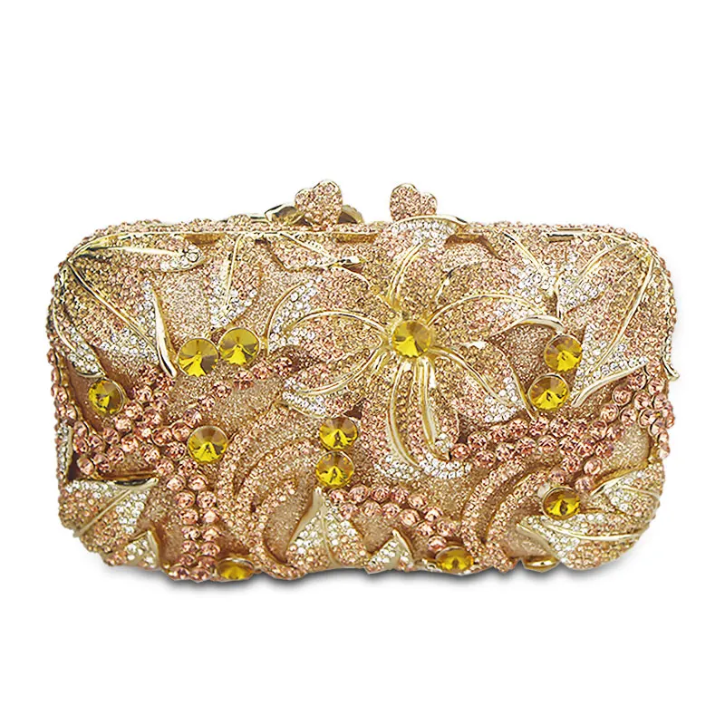 Luxury Golden Rose  yellow Flower Party Purse Women Wedding Bridal Handbag Pouch Soiree Pochette Bag Crystal Clutch Evening Bag image 2