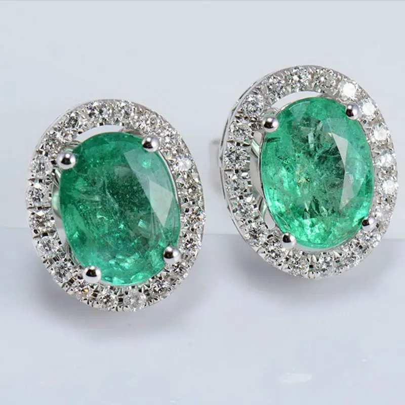 

LANMI Solid 14Kt White Gold Zambian Emerald Earrings Au585 Gold Diamond Emerald Studs Earrings
