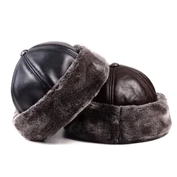 Men's Genuine Leather  Winter Warm Thick lining Skullcap Beanies Beret Round Hat Brimless Caps/Hats