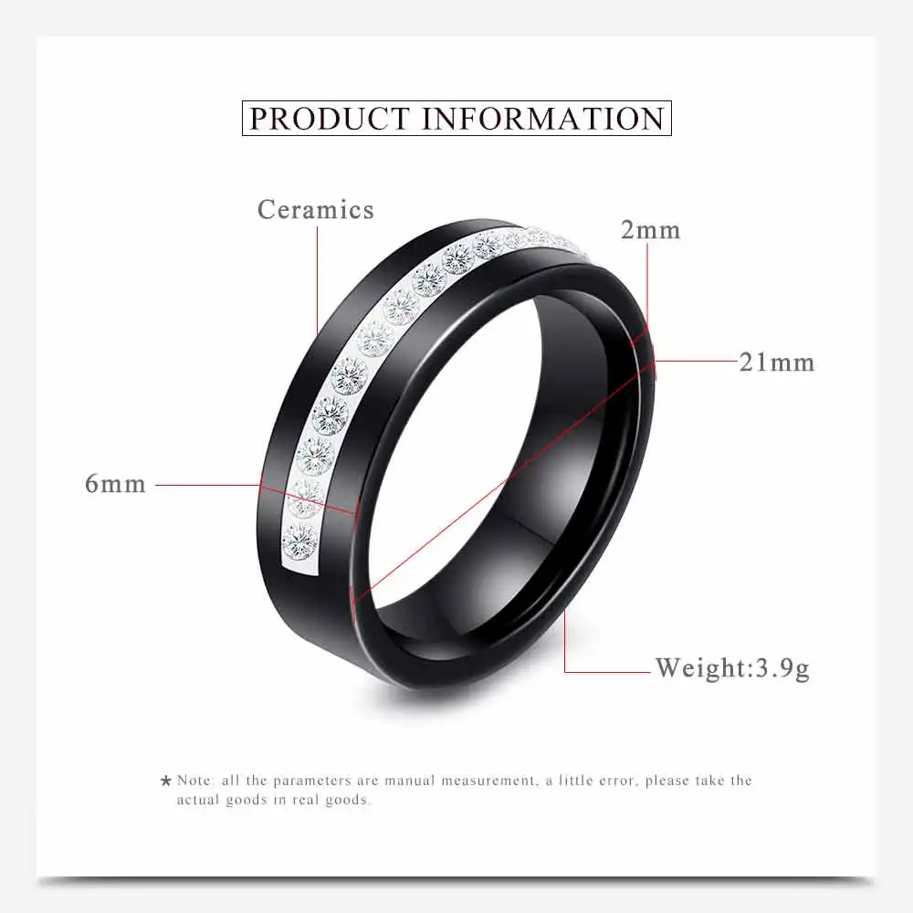 VQYSKO Black White Ceramic Ring With One Row Australia Zircon Wedding Engagement Rings for Women