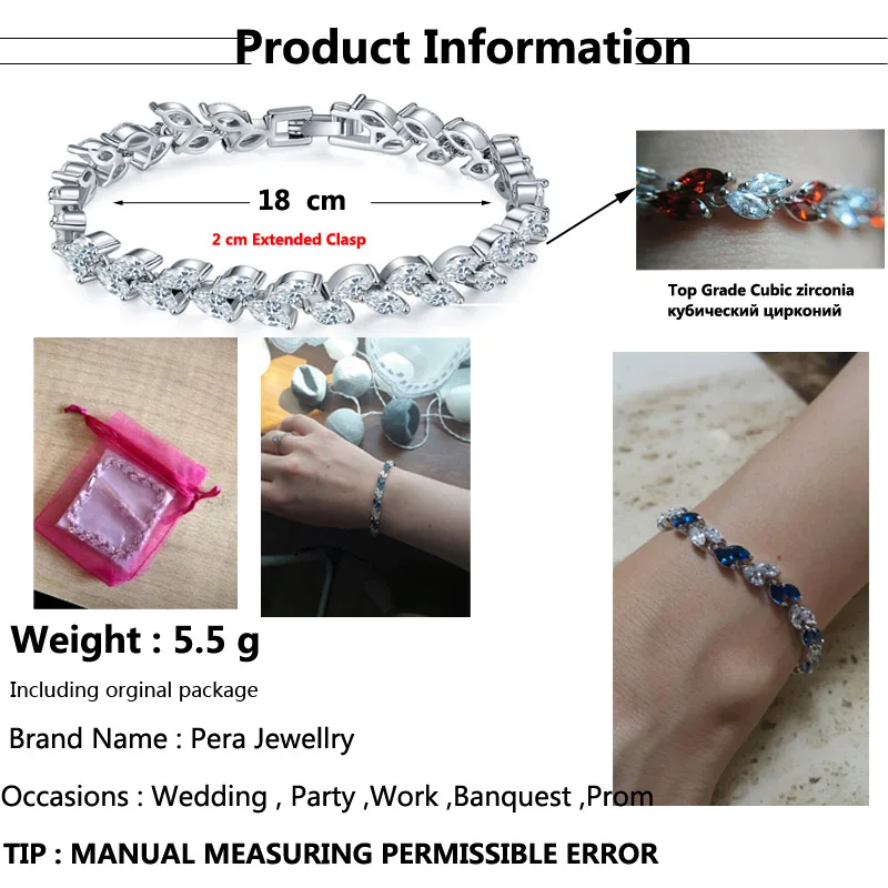 Pera Fashion Royal Jewelry Silver Color Elegant Leaf Shape Dark Blue Cubic Zirconia Stone Chain Link Bracelets for Women B005