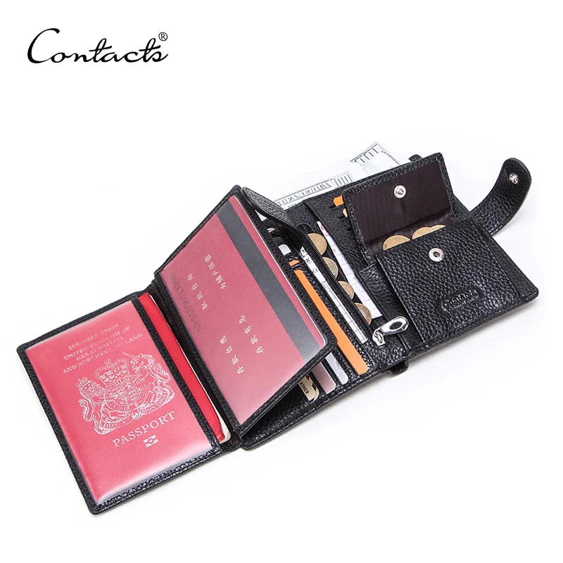 CONTACT'S Genuine Leather men passport wallet with metal hasp zipper big Coin pocket Business male trifold purse card holder