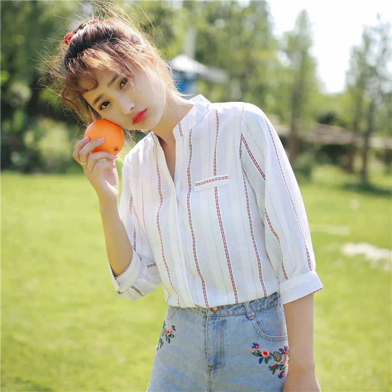 Autumn Girls Chiffon Shirt Korean V Collar Seven Quarter Sleeve Striped Blouse Student Leisure Summer Loose Cute Women Top H9131