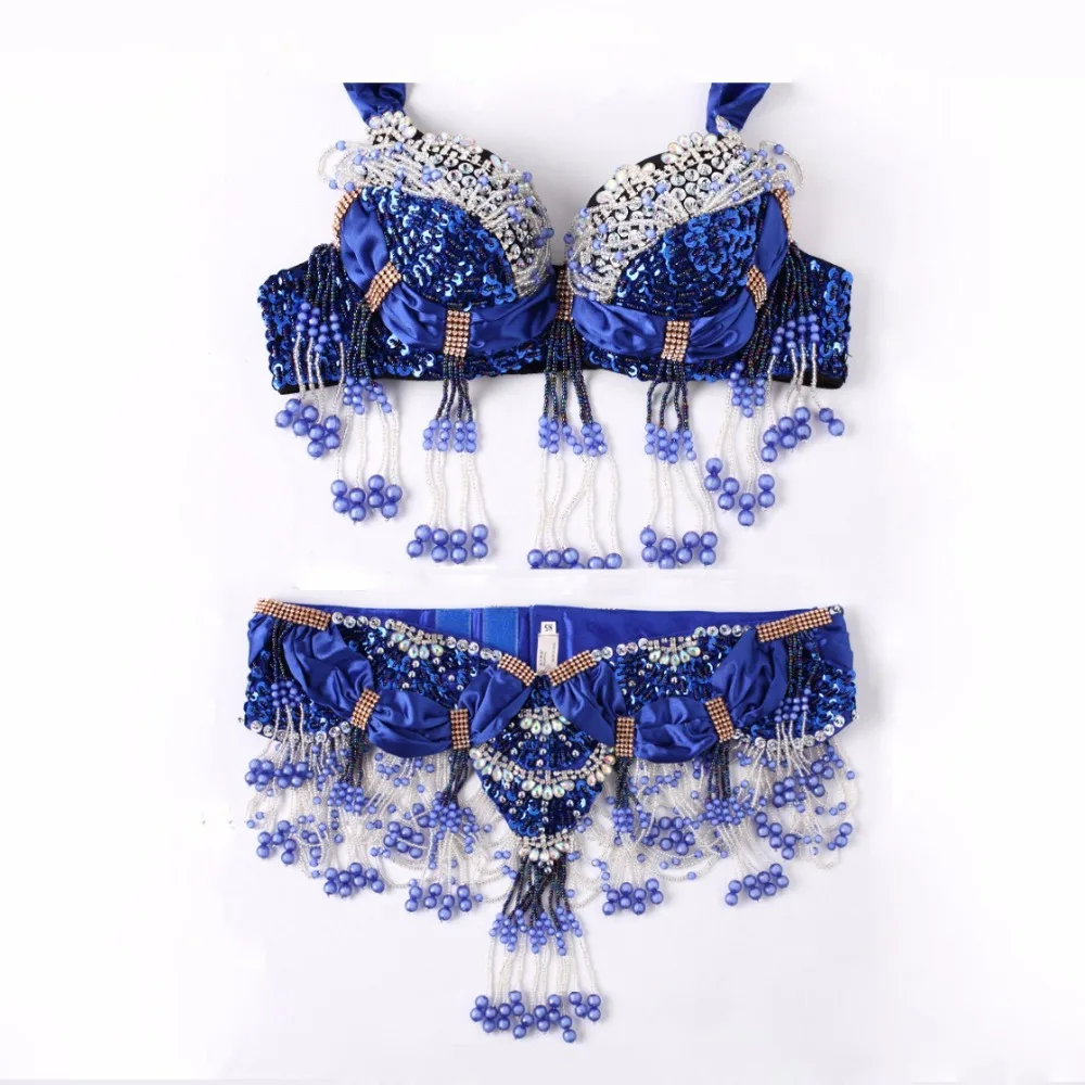 2019 New Women Dancewear Professional 3pcs Outfit  Plus Size Cup C/D Bra Belt Skirt Long Oriental Beaded Belly Dance Costume