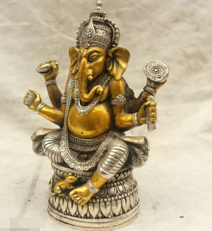 16CM Chinese Tibet Culture Silver Bronze Ganapati Ganesh Lord Ganesha Statue Buddha