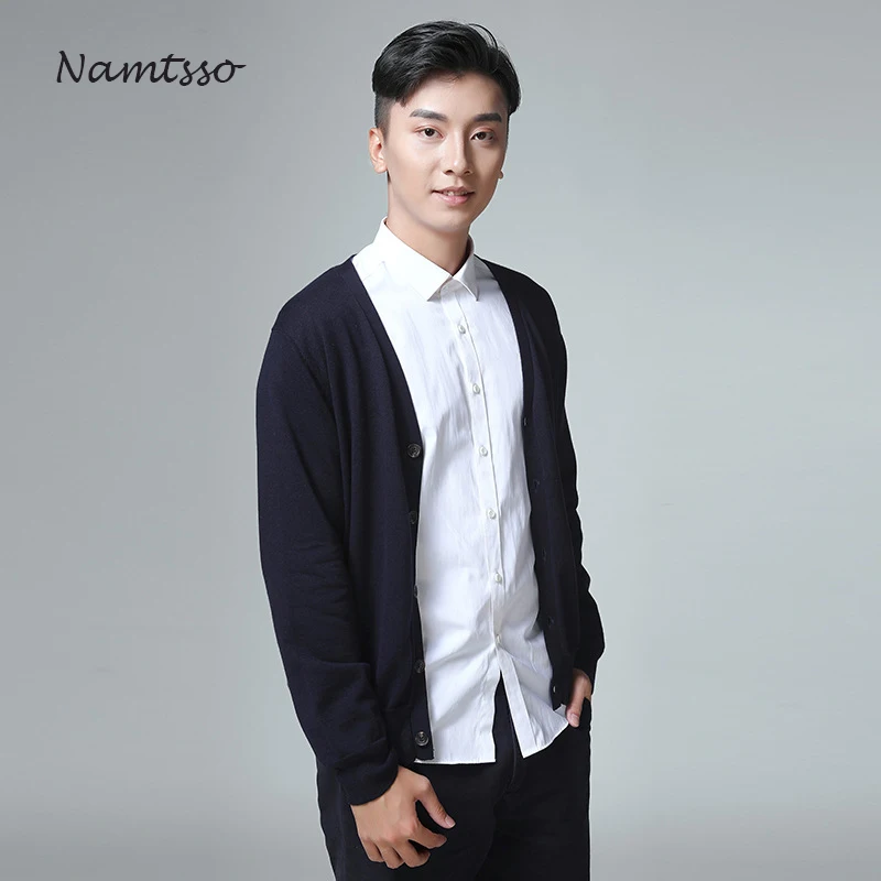

100% Cotton Knit Cardigan Men's 2021 Autumn Winter Long sleeve solid color New V Neck Thin Sweater Brand base top Clothing 868