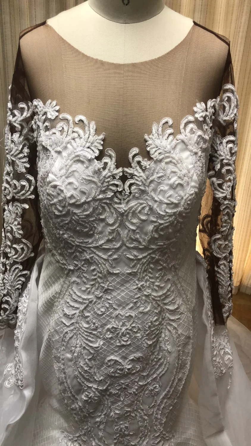 2019 Lace Long Sleeve African Wedding dresses Two piece Casual Wedding dresses plus size  Detachable Train Robe de marie