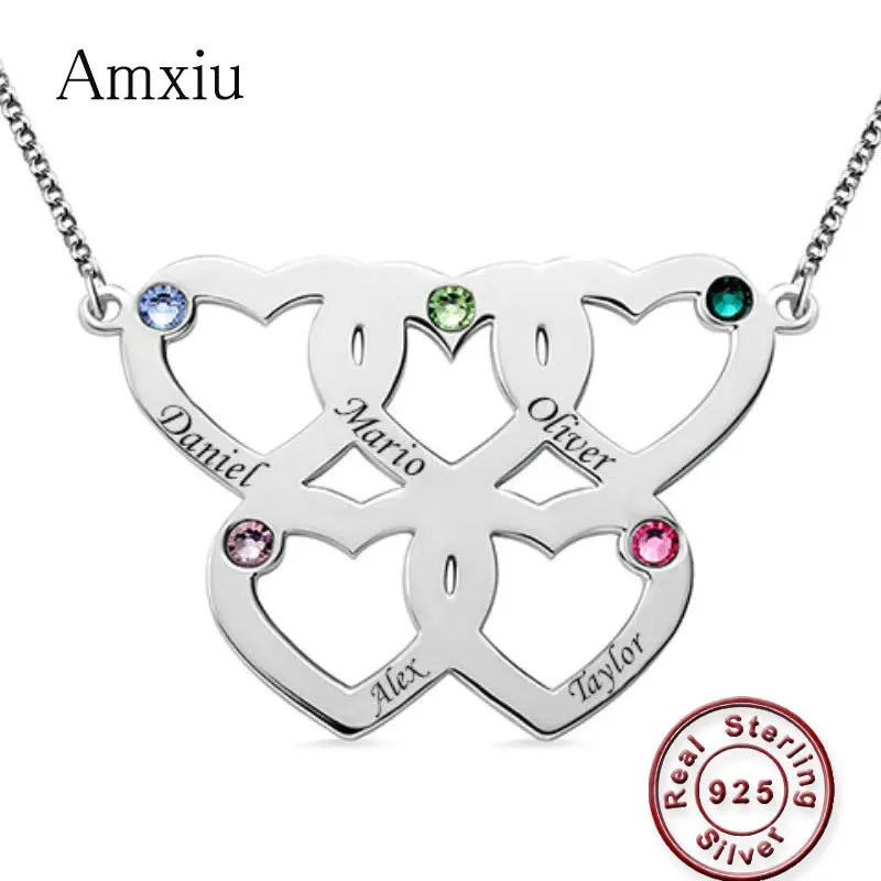 Amxiu Personalized Family Name Necklace 925 Sterling Silver Heart Necklace Engrave 2-6 Names Necklace For Mother Women Jewelry