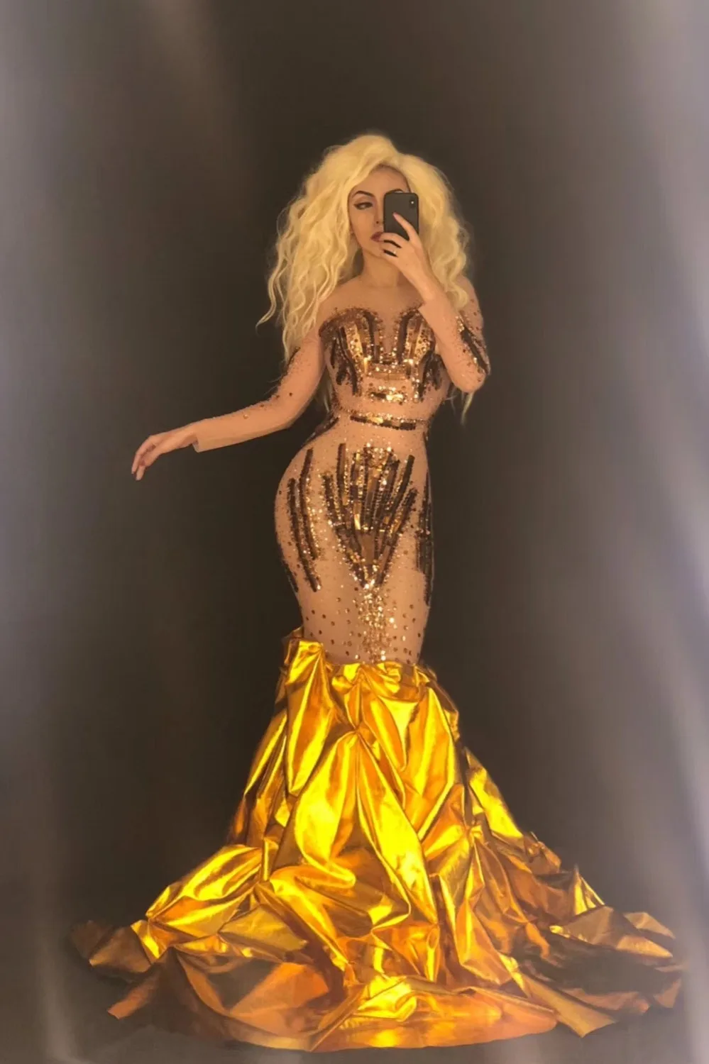 Kobiety świecące dżetów złote cekiny seksowna sukienka z tyłu formalna impreza dla piosenkarza jednoczęściowy kostium Bar występ na scenie