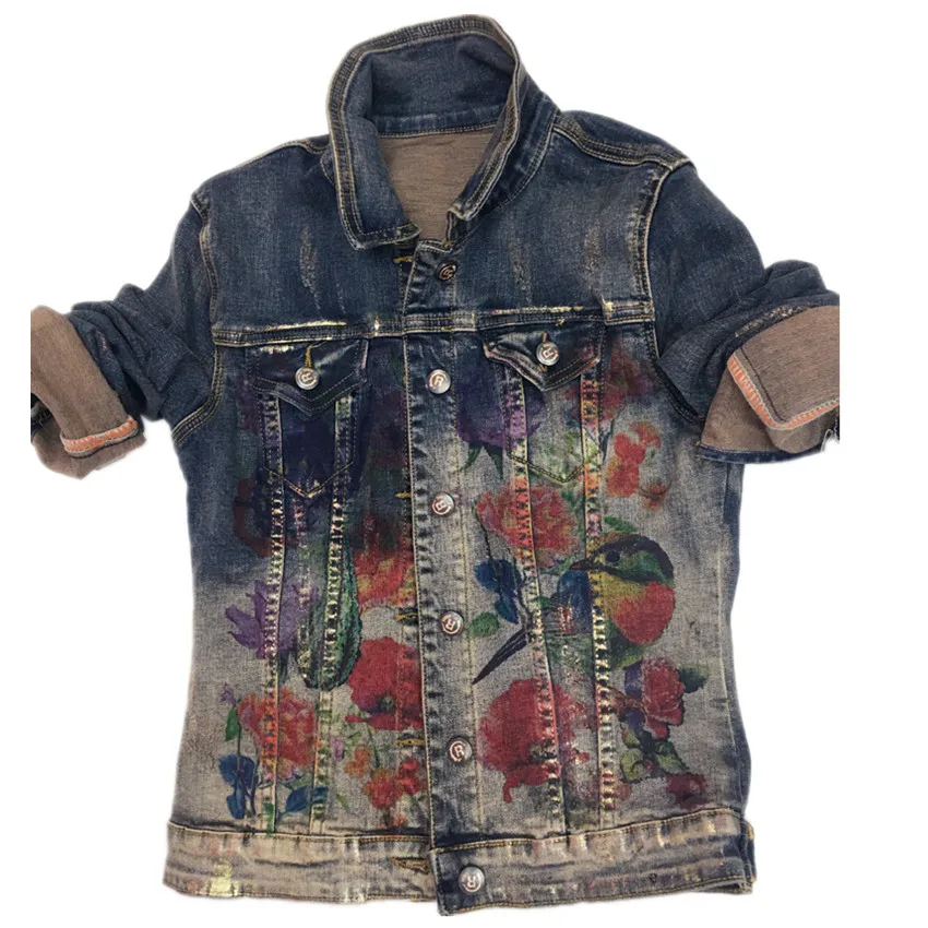 Flowers Printed jeans Jacket Painting Fashion single breasted Women turn down collar slim denim coat